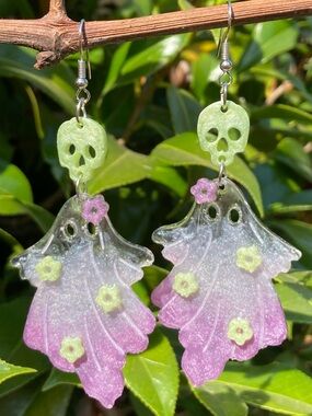 Purple Ghost Earrings with Green Accents